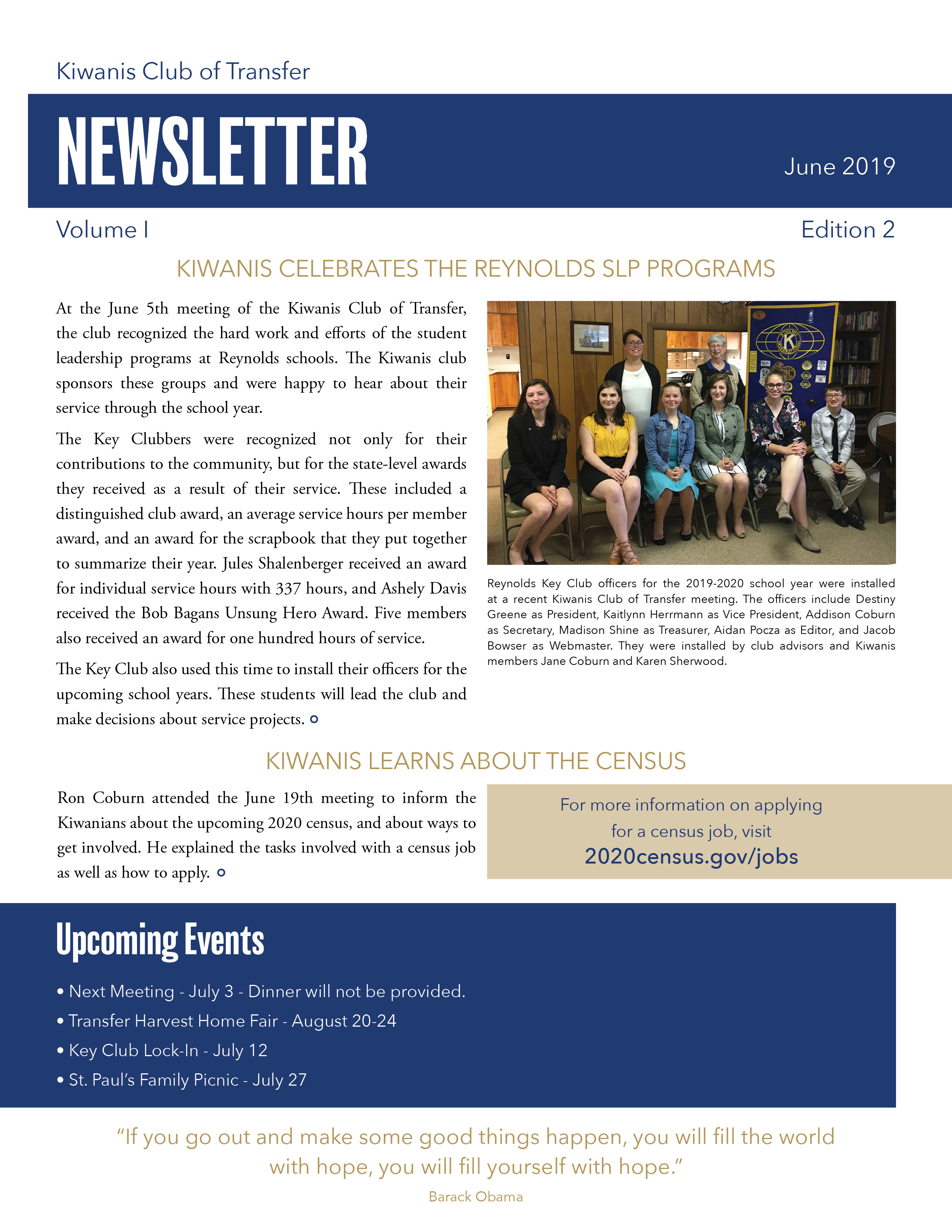 Kiwanis Club of Transfer June 2019 Newsletter